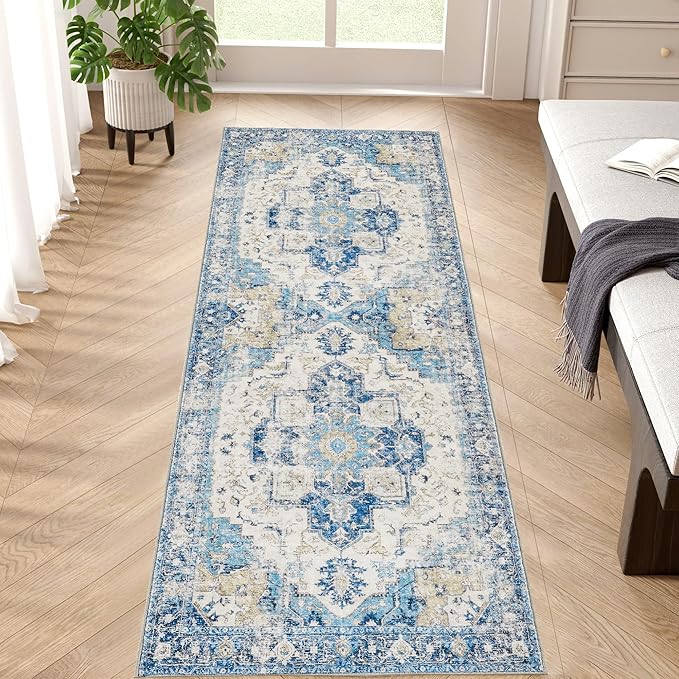 jinchan Kelda Runner Rug 2x5 Washable Rug Soft Hallway Runner Indoor Vintage Print Floor Cover Retro Distressed Lightweight Non-Slip Thin Carpet for Bathroom Kitchen Living Room Bedroom Blue