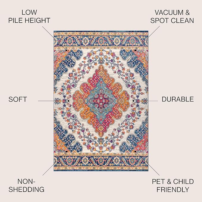 JONATHAN Y Boho Vintage Blue/Multi 6' Round Area Rug, Bohemian Flair Medallion, Floral Easy-Cleaning High Traffic for Living Room, Bedroom, Kitchen, Pet-Friendly, Non Shedding (BMF106A-6R)