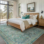 Bavni 6x9 Area Rugs for Living Room, Machine Washable Rug Non Slip, Vintage Chenille Distressed Print Carpet, Large Low Pile Ultra-Thin Lightweight Rugs for Bedroom, Dining Room, Home, Office, Cyan