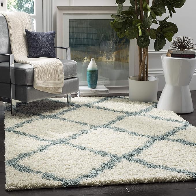 SAFAVIEH Dallas Shag Collection Area Rug - 4' Square, Ivory & Light Blue, Trellis Design, Non-Shedding & Easy Care, 1.5-inch Thick Ideal for High Traffic Areas in Living Room, Bedroom (SGD257J)