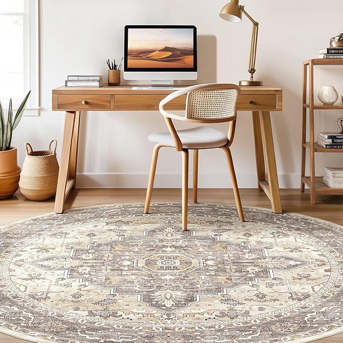 Round Rug Living Room Rugs: 6Ft Washable Boho Neutral Large Circle Soft Indoor Floral Stain Resistant Floor Farmhouse Carpet for Bedroom Nursery Kids Playroom Office Dining Room Dorm Home- Beige Brown