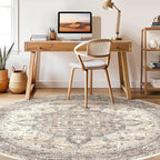 Round Rug Living Room Rugs: 6Ft Washable Boho Neutral Large Circle Soft Indoor Floral Stain Resistant Floor Farmhouse Carpet for Bedroom Nursery Kids Playroom Office Dining Room Dorm Home- Beige Brown