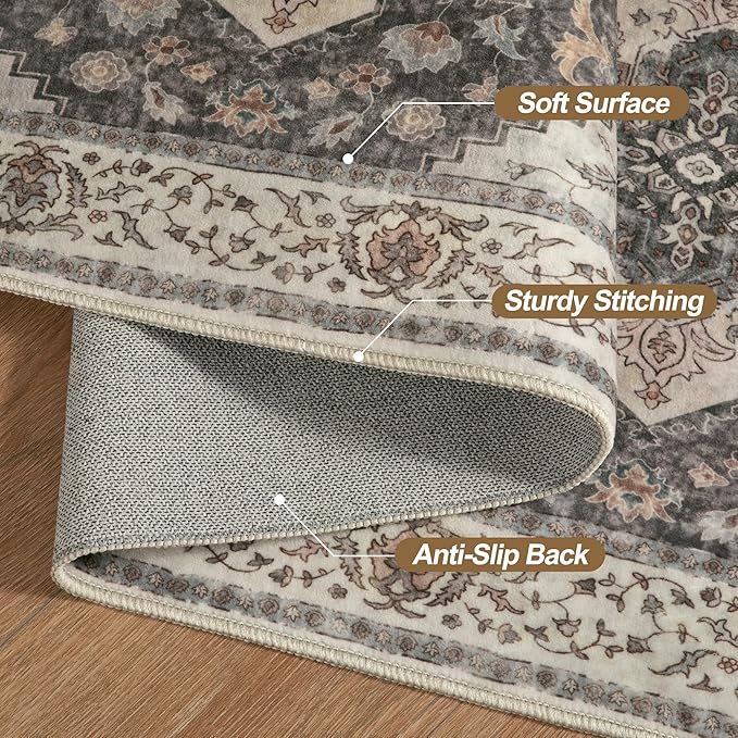 Tangsoo 2.6x10 Hallway Runner Rugs, Washable Runner Rug for Hallways Non Slip Vintage, Soft Low Pile Long Rug Runner, Print Indoor Carpet Runners for Living Room Kitchen Bedroom Entryway Grey