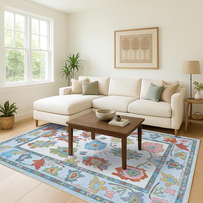 Fame Living Colorful Oushak Rug, Modern, Vintage, Turkish, Eclectic, Floral, Pastel, Washable, Large Area Rugs for Living Room, Dining, Bedroom, Girls, Boys, 7'5"x9'8"