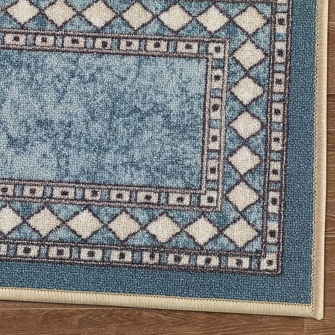 Antep Rugs Alfombras Modern Bordered 2pc Non-Skid (Non-Slip) Low Profile Pile Rubber Backing Indoor Kitchen Runner Rugs (Blue, 2pc Set)