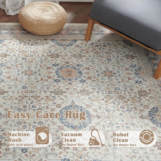 jinchan Area Rug 3x5 Washable Entryway Rug Distressed Orange Multi Vintage Floral Kitchen Print Floor Cover Indoor Doormat Retro Bathroom Living Room Bedroom Office Farmhouse