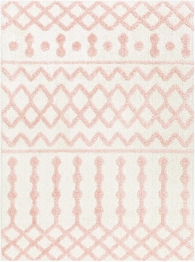 Hauteloom Tilos Moroccan Farmhouse Hallway, Entryway Shag Runner Rug - Shaggy Long Runner Rug - Trellis Pattern - High Plush Pile - Cream, Pink, Beige - 2'7" x 7'3"