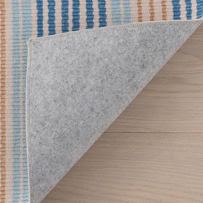 Dash & Albert Tyne Blue Machine Washable Rug, 6 X 9 Feet, Blue/Tan Stripe Pattern