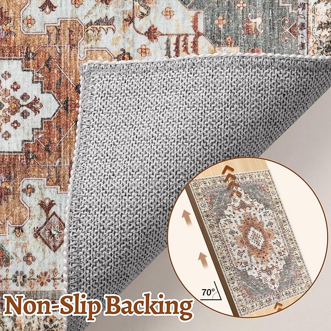 Tangsoo Oriental 2.6x10 Hallway Runner Rugs, Washable Runner Rug for Hallways Non Slip Vintage, Neutral Soft Low Pile Long Rug Runner, Indoor Carpet Runners for Living Room Kitchen Bedroom Entryway
