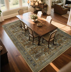 Large 8x10 Washable Area Rug for Living Room, No Shedding Vintage Floral Print Rugs Non Slip, Indoor Foldable Thin Retro Accent Carpet for Bedroom Farmhouse Dining Room Brown/Yellow