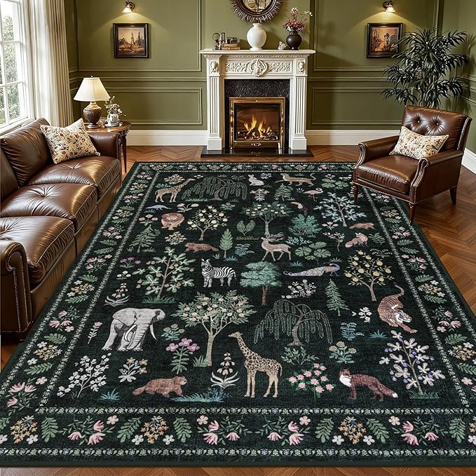 8x10 Area Rugs Living Room Rug: Vintage Washable Rug Floral Soft Carpet Indoor Floor Non-Slip Boho Stain Resistant Large Carpets for Bedroom Kids Nursery Dining Room Farmhouse Home Office Green