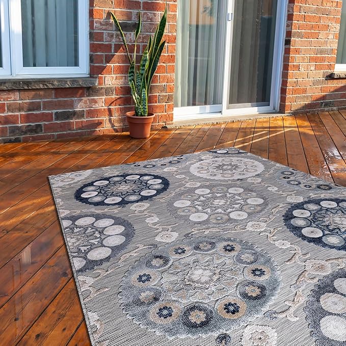 CAMILSON Indoor Outdoor Rug 8x10 Bohemian Medallion Floral Area Rugs for Indoor and Outdoor Patios Easy-Cleaning Non-Shedding Living Room Garden and Kitchen Washable Outside Carpet (8 x 10 / Blue)