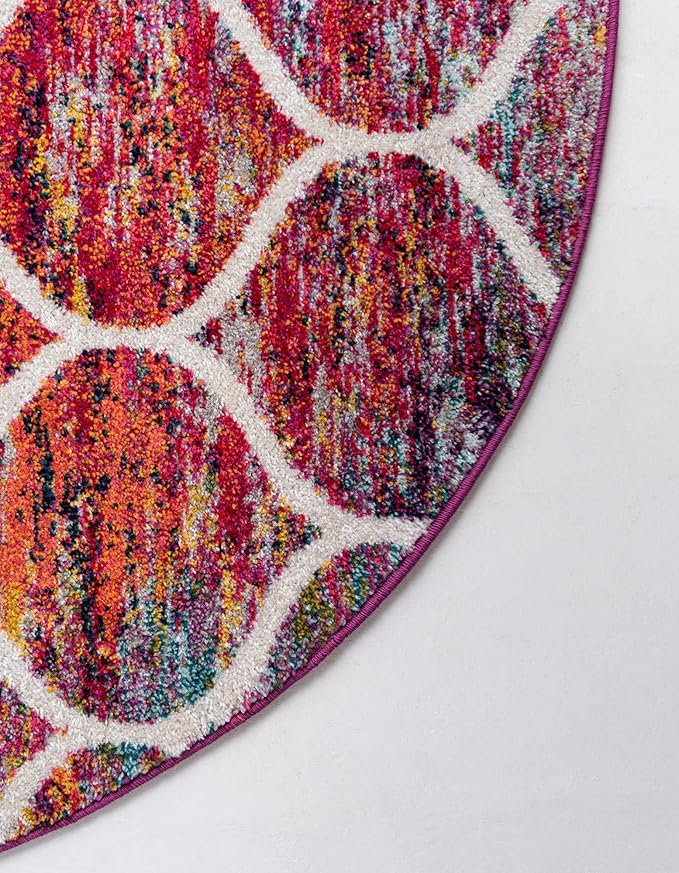 Rugs.com Lattice Frieze Collection Rug – 3' Round Multi Medium Rug Perfect for Kitchens, Dining Rooms