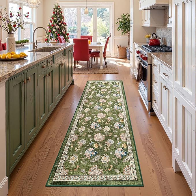 jinchan Elora 3x10 Floral Runner Rug for Hallway Washable Kitchen Runner Vintage Romance Design Non Slip Thin Indoor Floor Cover Low-Profile Throw Carpet for Entryway Bathroom Bedroom Porch, Green