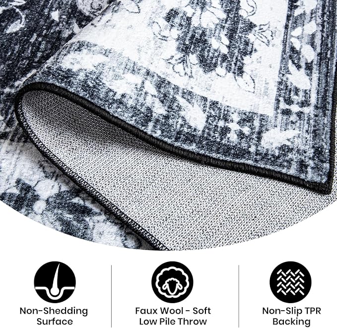 Area Rug 5x7, Washable Faux Wool Throw Rugs for Living Room, 0.3″ Non Slip Low Pile Vintage Boho Carpet for Ding Room, Home Office, Bedroom, Kids Room, Bedside (Black White)