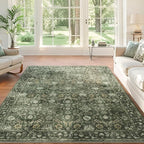 9x12 Area Rug for Living Room, Soft Large Rugs Green Washable Carpet, Indoor Vintage Rugs for Bedroom Dining Room Office, Rubber Backed Non Slip Low Pile Mat, Dark Olive Green