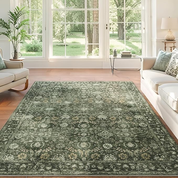 9x12 Area Rug for Living Room, Soft Large Rugs Green Washable Carpet, Indoor Vintage Rugs for Bedroom Dining Room Office, Rubber Backed Non Slip Low Pile Mat, Dark Olive Green