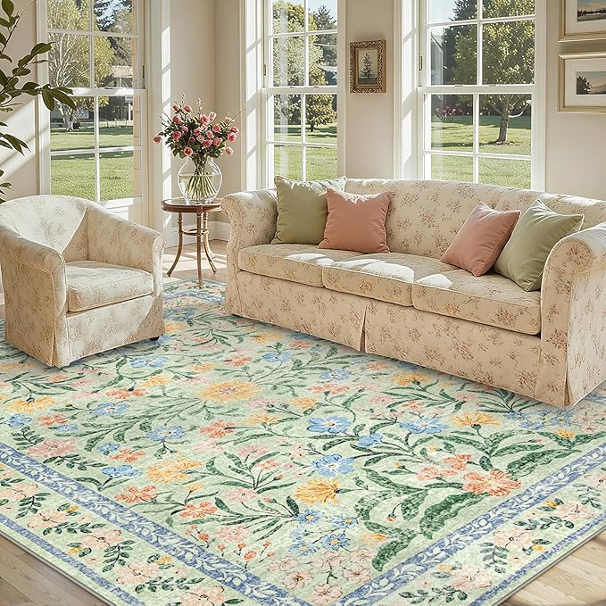 Lahome Machine Washable Area Rugs 8x10 Non Slip, Soft Boho Living Room Rugs, Ultra-Thin Vintage Cottage Throw Carpet for Home Office Dinning Room Kids Playroom, Green/Multi