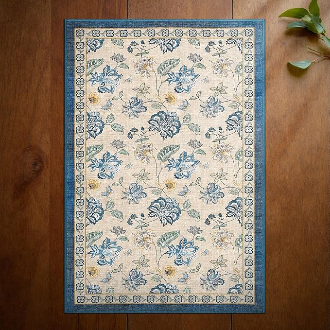 jinchan Elora 2x3 Floral Rug for Entryway Washable Rug Vintage Romance Design Small Mat Non Slip Indoor Doormat Lightweight Low-Profile Throw Carpet for Entrance Bathroom Laundry Room, Blue/Beige