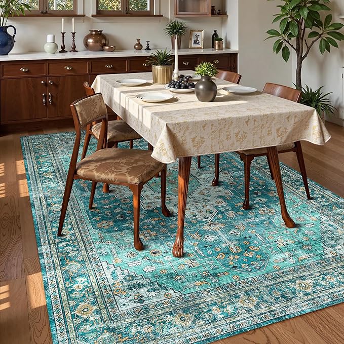Washable Area Rug 9' x 12' Vintage Traditional Persian Mat - Foldable Distressed Non-Slip Machine Washable Carpet for Living Room Bedroom Kitchen Home Decor - Teal and Gold