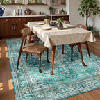 Washable Area Rug 5' x 7' Vintage Traditional Persian Mat - Foldable Distressed Non-Slip Machine Washable Carpet for Living Room Bedroom Kitchen Home Decor - Teal and Gold