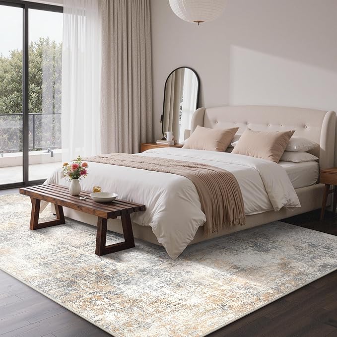 Bavni 9x12 Area Rugs Machine Washable Rug for Living Room, Modern Printed Rug Indoor Soft Area Rug for Bedroom Dining Room, Ultra-Thin Low Pile Carpet with Non Slip Rubber Backing, Beige Gray