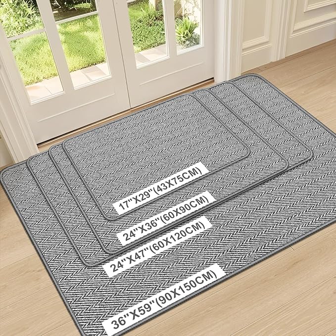 Ultra Thin Door Mat Indoor Entrance 17"x29", Low-Profile Indoor Door Mat, Non Slip Entry Mat Rubber Backing Unique Herringbone Design Inside Doormat Dirt Trapper Entryway Mats, Grey