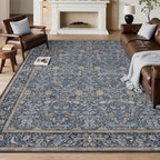 Washable Living Room Rug: 5x7 Boho Floral Soft Area Rug for Bedroom Decor - Vintage Low Pile Thin Carpet for Dining Room Non-Slip - Farmhouse Stain Resistant Rugs - Slate Blue