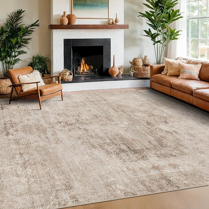 Neutral Farmhouse Area Rug for Bedroom - 7x9 Washable Rug for Dining Room Table, Ultra-Thin Soft Textured Boho Abstract Indoor Decor, Fade & Stain Resistant