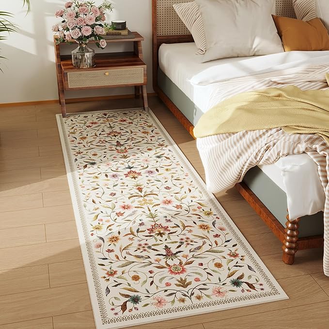 Vintage Medallion Floral Kitchen Runner 2x6, Machine Washable Rug, Soft Low Pile, Non-Slip Carpet for Hallways, Laundry, Bedroom, Bathroom, Entryway | Beige