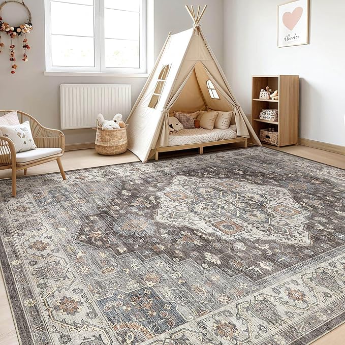 8x10 Area Rugs Living Room: Washable Boho Large Neutral Vintage Soft Rug Stain Resistant Farmhouse Non-Slip Indoor Floor Carpet for Bedroom Nursery Kids Office Dining Room Playroom- Grey Brown