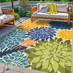Colorful 9x12 Outdoor Area Rug Washable Multicolored Patio Rug Tropical Botanical Floral Chenille Waterproof Outdoor Carpet Non-Slip for Deck, Backyard, Porch, Green