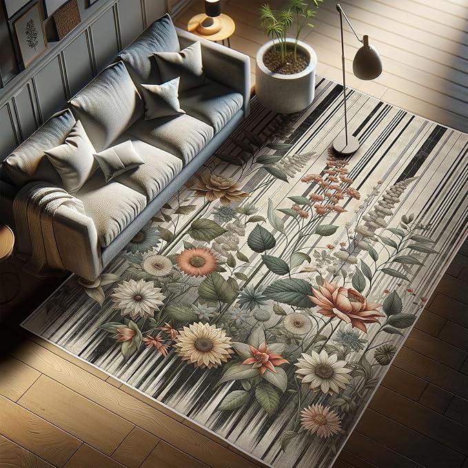 Ambesonne Botanical Decorative Rug, Nostalgic Garden Pattern with Flowers and Leaves on Retro Stripes, Quality Carpet for Bedroom Dorm and Living Room, 5' 1" X 7' 5", Sage Green and Salmon
