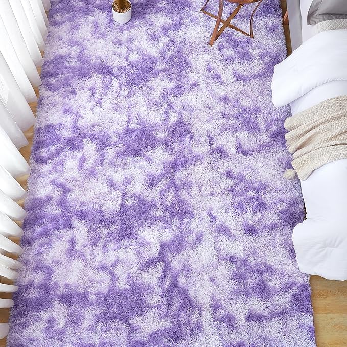 Andency Soft Area Rugs for Living Room Bedroom, 5x8 Fluffy Shaggy Bedside Rug, Non-Slip Large Shag Fuzzy Plush Carpets for Bedroom Kids Dorm Nursery Home Decor Aesthetic, Tie-Dyed Purple