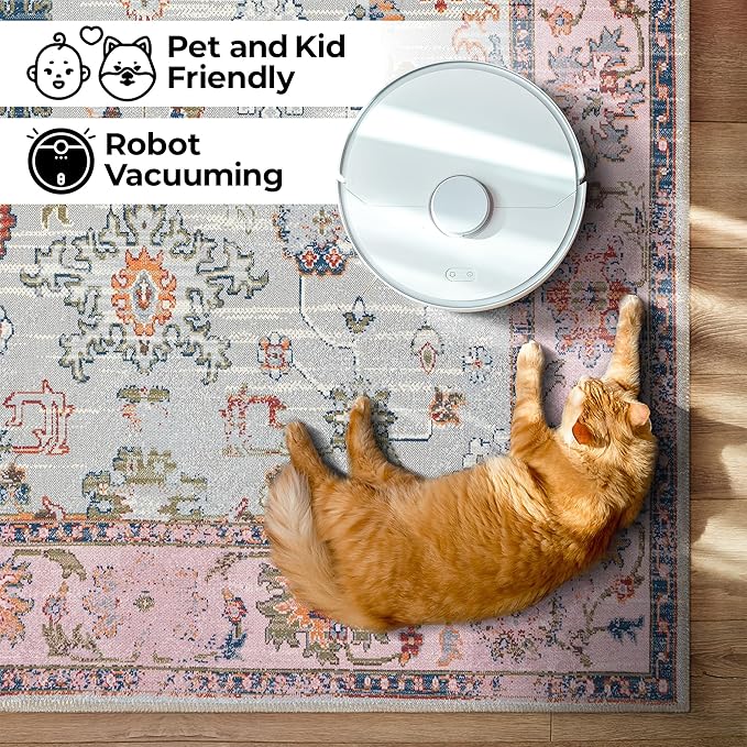 GLN Rugs Traditional Collection - Machine Washable Area Rug, Traditional Washable, Non Slip, Low Pile Chenille Rug, Living Room, Bedroom, Kitchen Rug (8' x 10' Pink/Blue/Multicolor)