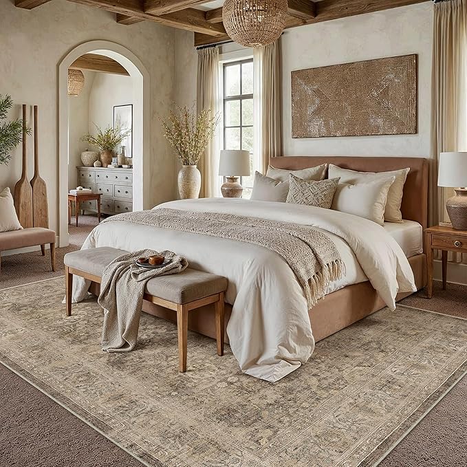 8x10 Rust Brown Washable Area Rug for Living Room Bedroom Neutral Soft Non Slip Rug Low Pile Vintage Distressed Carpet for Dining Room Nursery Office