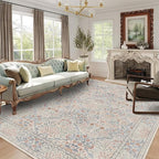 5x7 Floral Washable Area Rugs for Living Room, Vintage Boho Large Rug for Bedroom Dining Room, Distressed Botanical Birds Non Slip Low Pile Forest Animal Throw Carpet for Farmhouse Office, Beige Blue