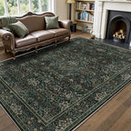 6x9 Floral Washable Area Rug for Living Room, Vintage Boho Large Rug for Bedroom Dining Room， Distressed Botanical Birds Non Slip Low Pile Forest Animal Throw Carpet for Farmhouse Office, Dark Green