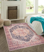 GLN Rugs Traditional Collection - Machine Washable Area Rug, Traditional Washable, Non Slip, Low Pile Chenille Rug, Living Room, Bedroom, Kitchen Rug (4' x 6' Black/Terra)