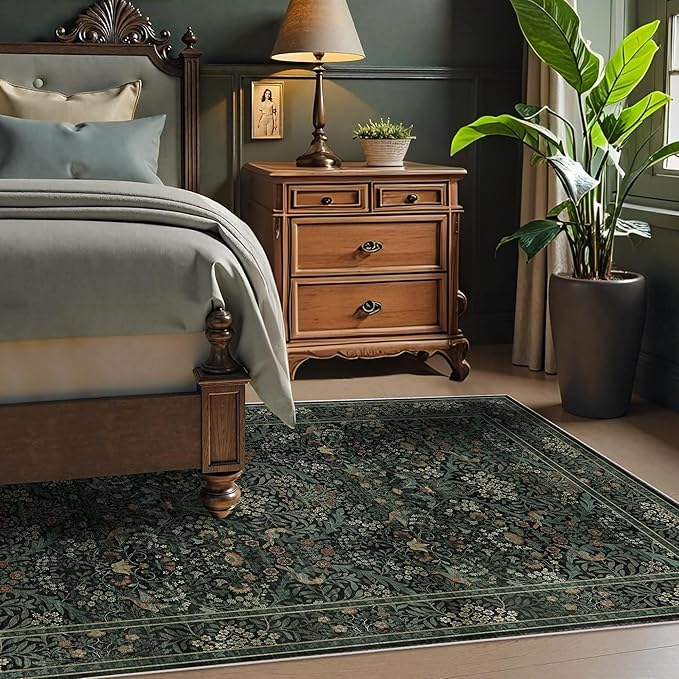 3x5 Floral Washable Area Rug for Living Room, Vintage Boho Rug for Bedroom Dining Room， Distressed Botanical Birds Non Slip Low Pile Forest Animal Throw Carpet for Farmhouse Office, Dark Green