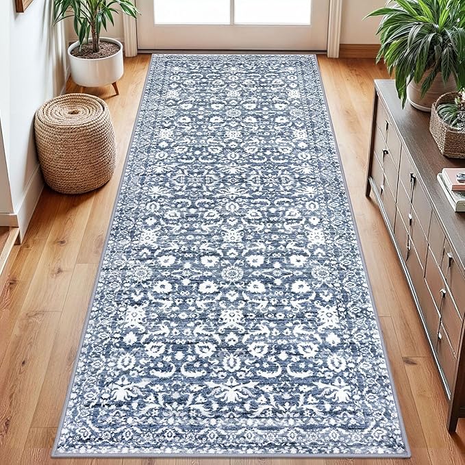 Vintage Floral 2.6x8 Runner Rug, Light Blue White Washable Kitchen Runner Rug Non-Slip Hallway Rug Runner Thin Printed Faux Wool Super Soft Carpet for Entryway Bedroom Laundry Room Indoor