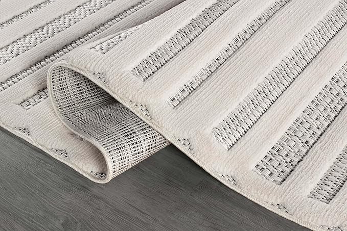 CAMILSON Modern Rug 5x7 Luxury Striped Line Micro Loop Area Rugs Soft High-Low Pile Stain Resistant Easy to Clean Non-Shedding Durable Living Room Bedroom Indoor Carpet (White)