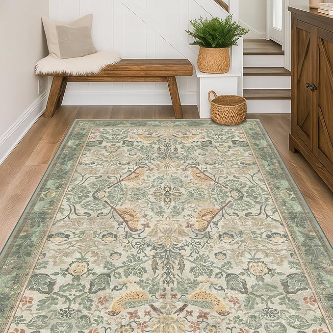 Washable Sage Green Area Rugs 5x7 for Living Room, Bedroom Bedside, Dinning Room, Office with Botanical Floral Bird Pattern, Muted Green Non Slip Stain Resistant Low Pile French Country Decor