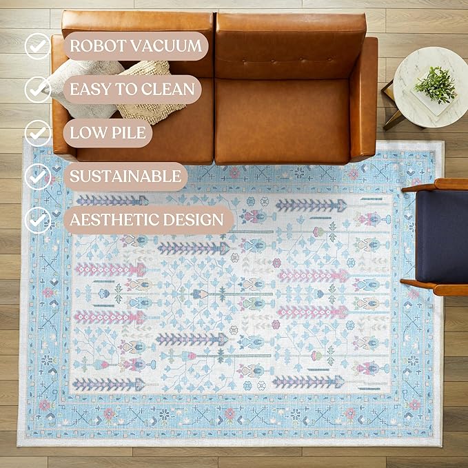 Fame Living Cream Blue Oushak Rug, Modern, Vintage, Turkish, Eclectic, Floral, Pastel, Washable, Oversized, Extra Large Area Rugs for Living Room, Dining, Bedroom, Lounge 9'5"x14'