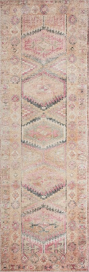 Loloi Layla Collection LAY-17 Pink/Lagoon 9'-0" x 12'-0" .13" Thick Area Rug, Soft, Durable, Vintage Inspired, Distressed, Low Pile, Non-Shedding, Easy Clean, Printed, Living Room Rug
