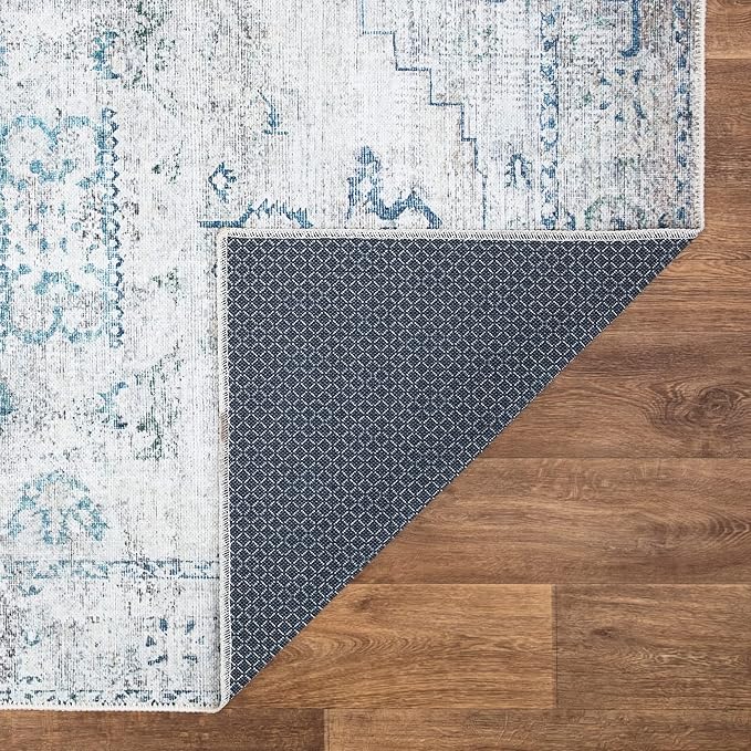 Bloom Rugs Washable Non-Slip 4' x 6' Rug - Teal/Beige Traditional Area Rug for Living Room, Bedroom, Dining Room, and Kitchen - Exact Size: 4' x 6'