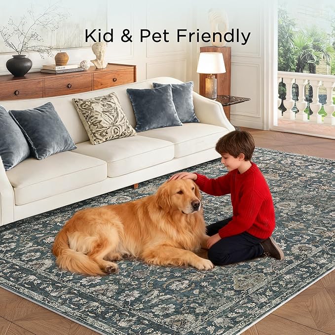 9x12 Area Rug for Living Room, Soft Large Rugs Blue Washable Rugs, Indoor Vintage Carpet for Bedroom Dining Room Office, Rubber Backed Non Slip Low Pile Mat, Deep Blue
