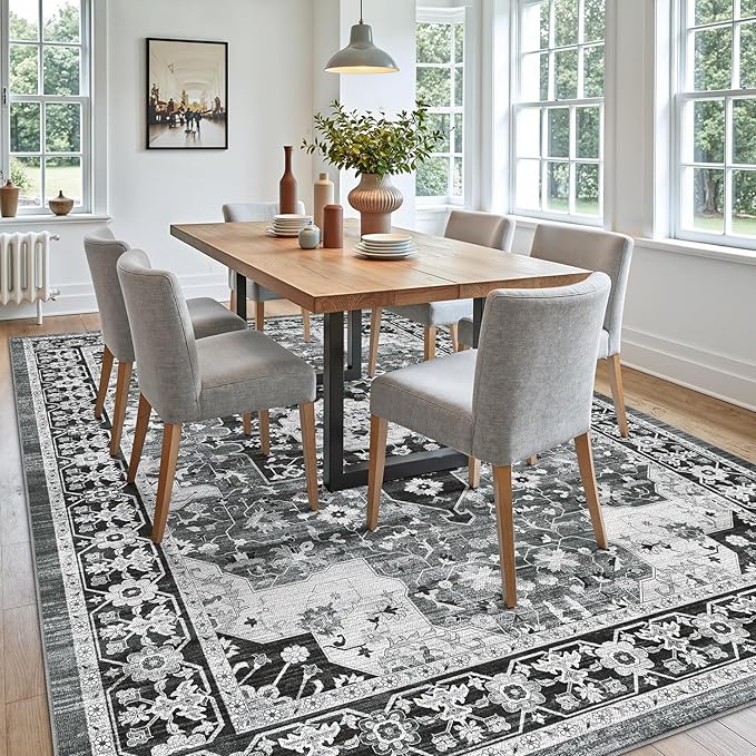 DEXI 5x8 Area Rug for Living Room, Washable Vintage Farmhouse Thin Rug Indoor Floor, Non Slip Stain Resistant Low Pile Carpet for Dining Room Bedroom Office, White Grey