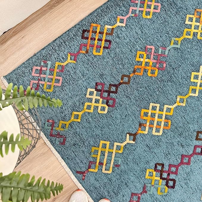Alfa Rich 5x8 Moroccan Blue Washable Area Rugs for Living Room Bedroom Kitchen Decor Cotton Rug