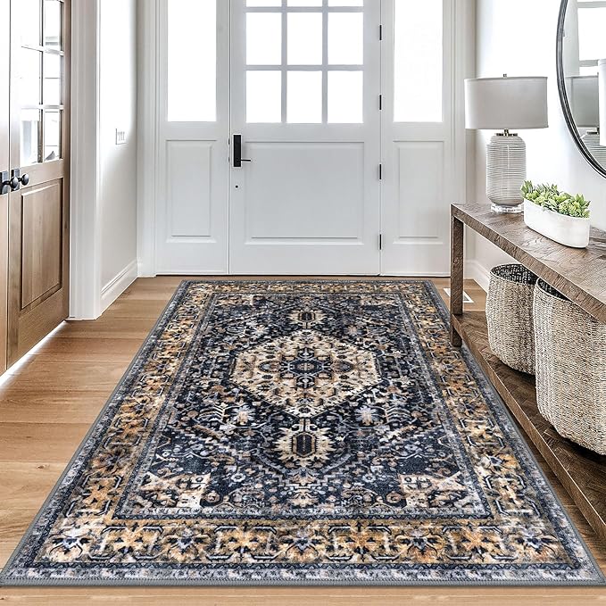 KOZYFLY Boho Area Rug 4x6 Ft Rugs for Entryway Washable Entry Rug Non Slip Rugs for Living Room Gold Navy Printed Faux Wool Vintage Bedroom Throw Rug for Entrance Kitchen Living Room